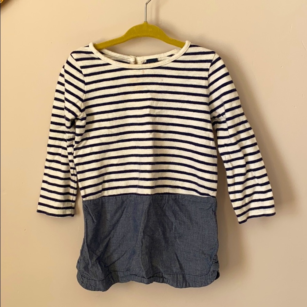 Navy white long sleeved chambray tunic dress